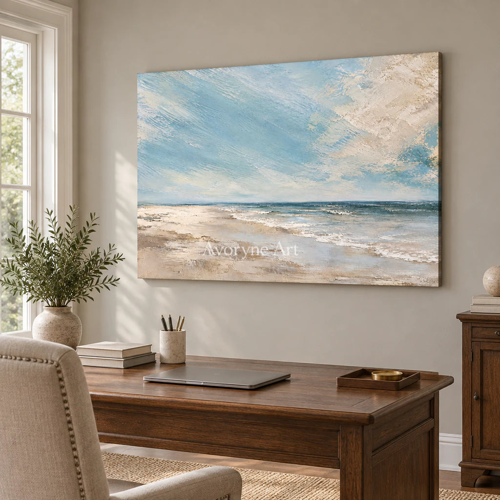 Shore Breath: Impressionist Blue Coastal Wall Art — office frameless