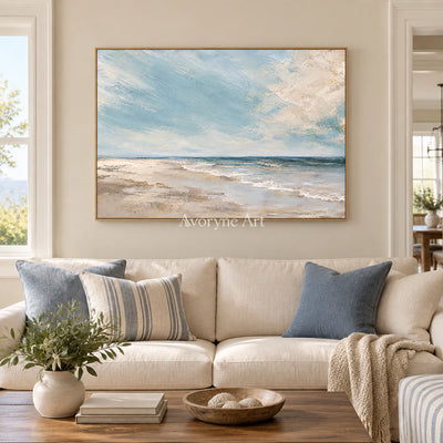 Shore Breath: Impressionist Blue Coastal Wall Art — villa wood