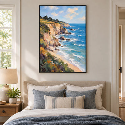 Cliffside Blue: Impressionist Blue Coastal Wall Art — bedroom black