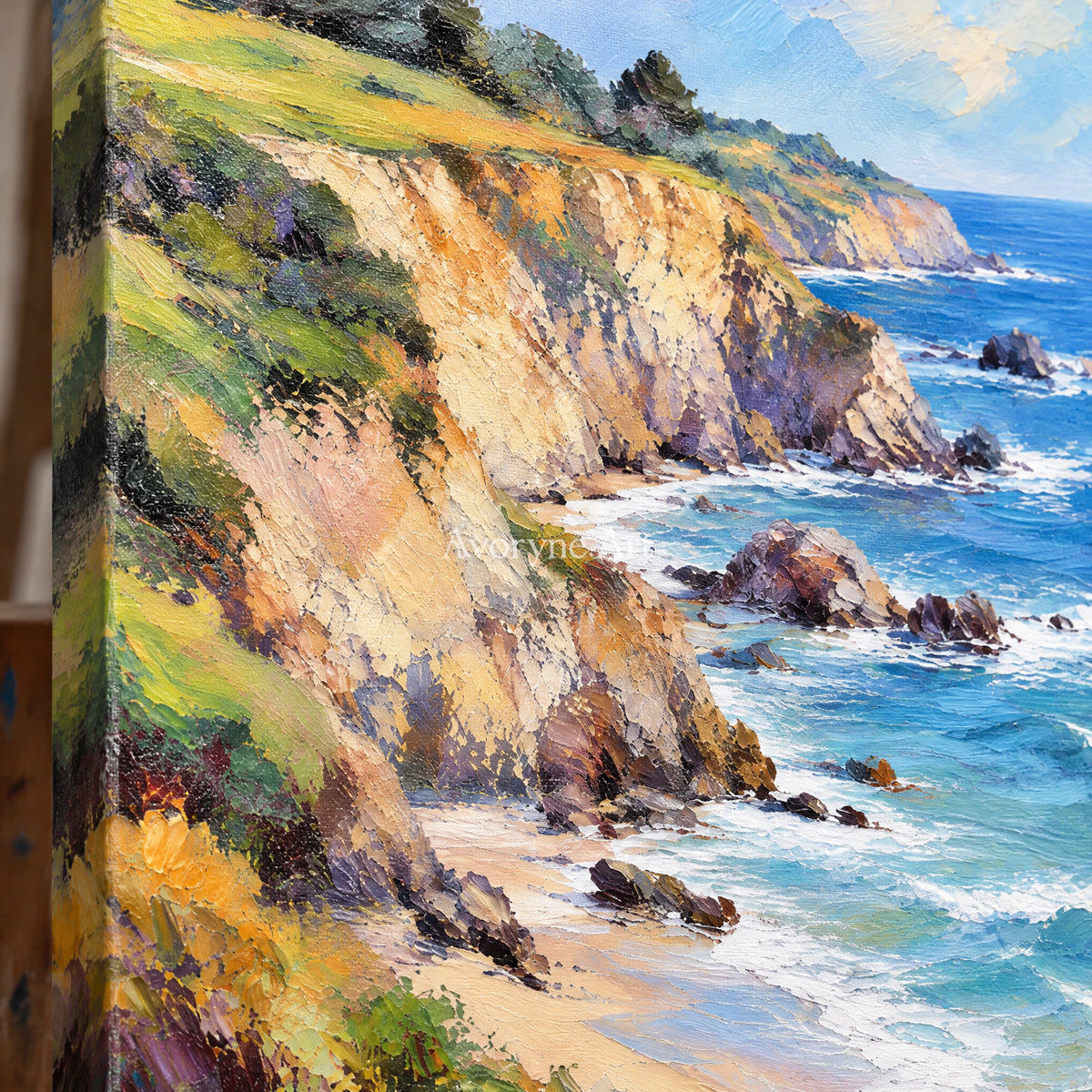 Cliffside Blue: Impressionist Blue Coastal Wall Art — detail easel