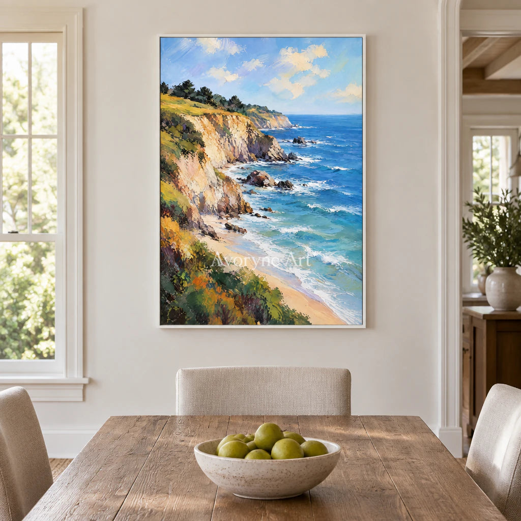 Cliffside Blue: Impressionist Blue Coastal Wall Art — dining white
