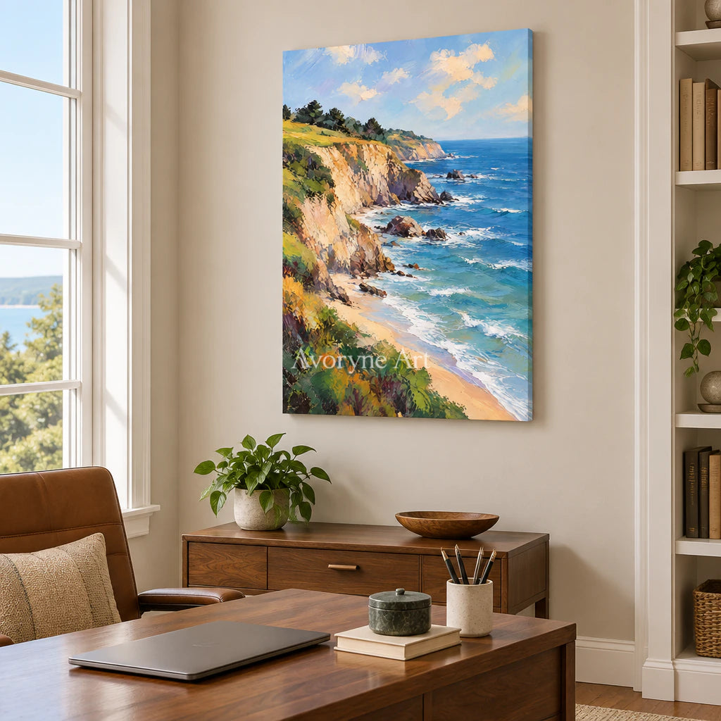 Cliffside Blue: Impressionist Blue Coastal Wall Art — office frameless