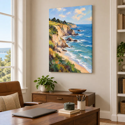 Cliffside Blue: Impressionist Blue Coastal Wall Art — office frameless