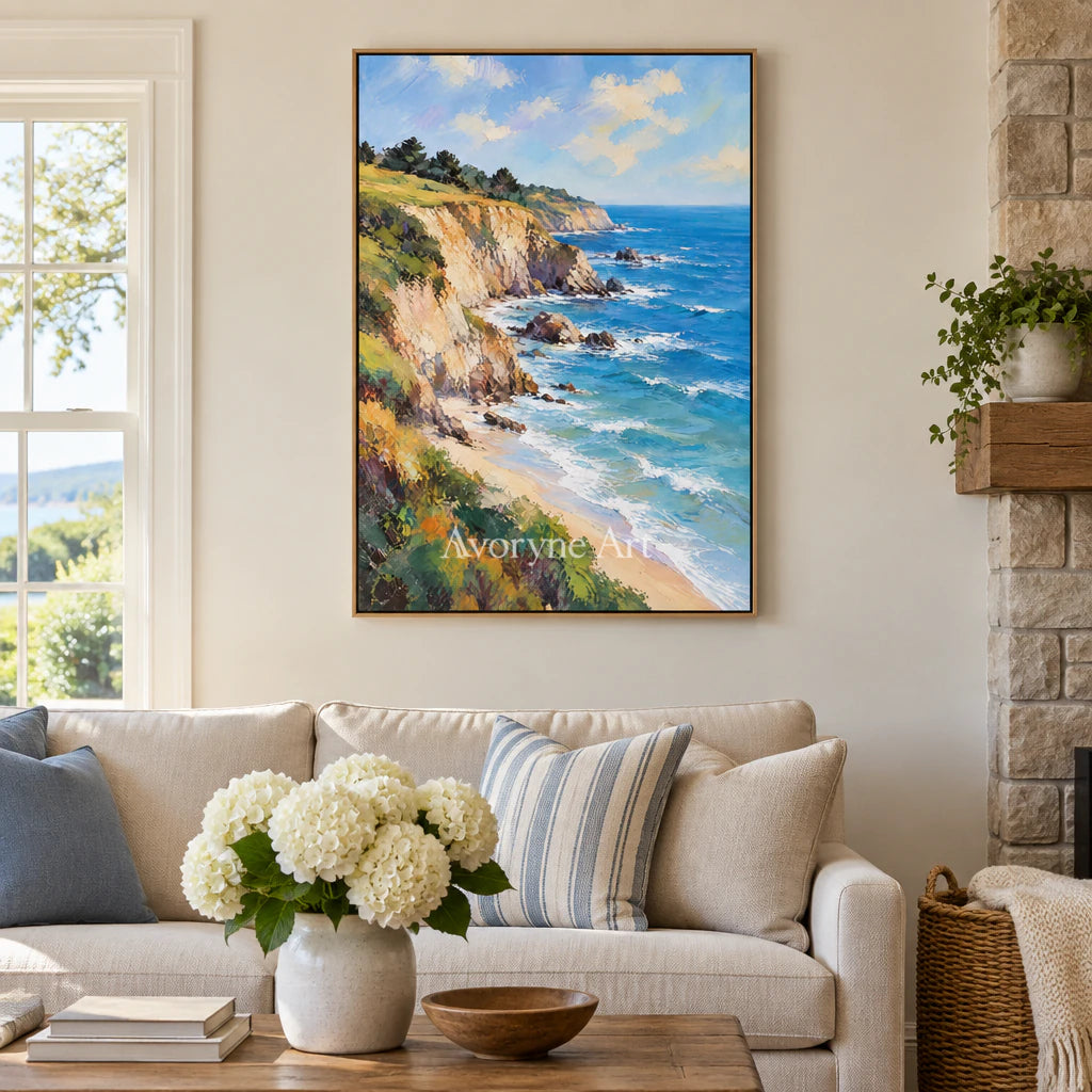 Cliffside Blue: Impressionist Blue Coastal Wall Art — villa wood
