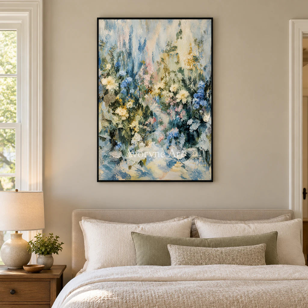 Blue Botanica: Impressionist Blue Floral Wall Art — bedroom black
