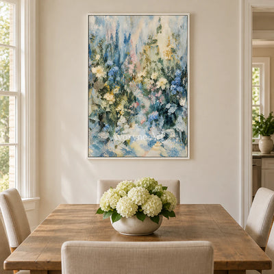 Blue Botanica: Impressionist Blue Floral Wall Art — dining white