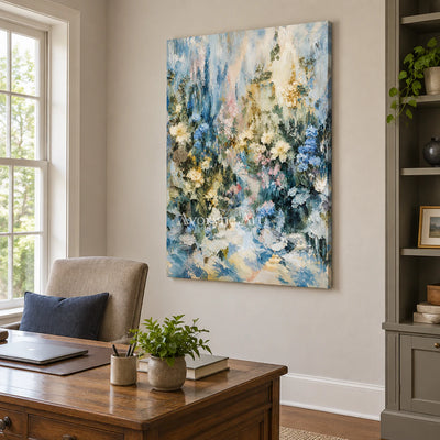Blue Botanica: Impressionist Blue Floral Wall Art — office frameless