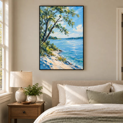 Shaded Water: Impressionist Blue Lakeside Wall Art — bedroom black