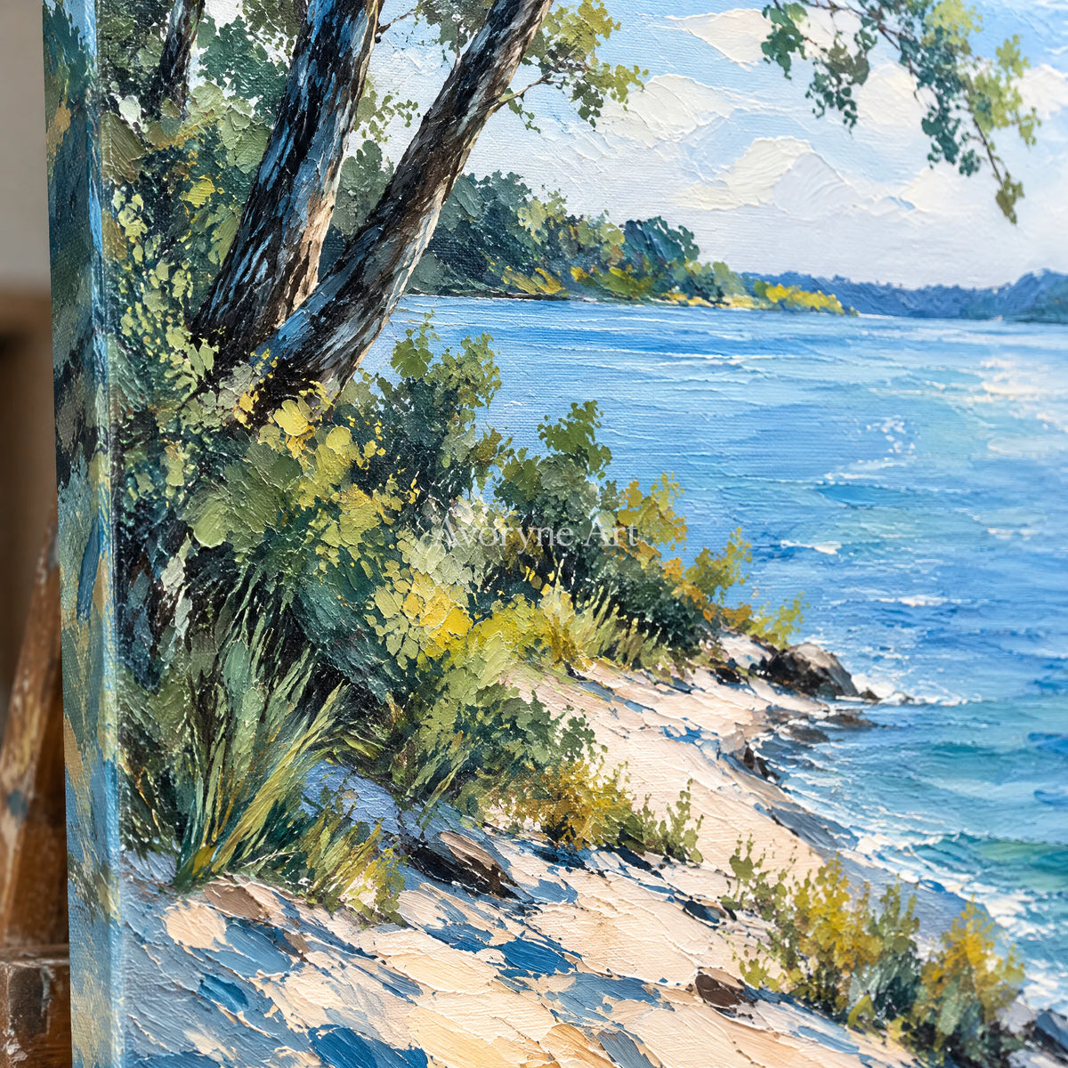 Shaded Water: Impressionist Blue Lakeside Wall Art — detail easel