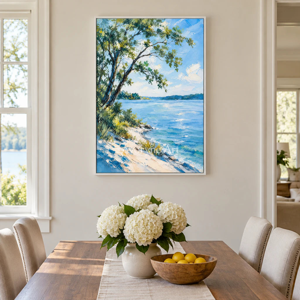 Shaded Water: Impressionist Blue Lakeside Wall Art — dining white