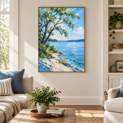 Shaded Water: Impressionist Blue Lakeside Wall Art — villa wood