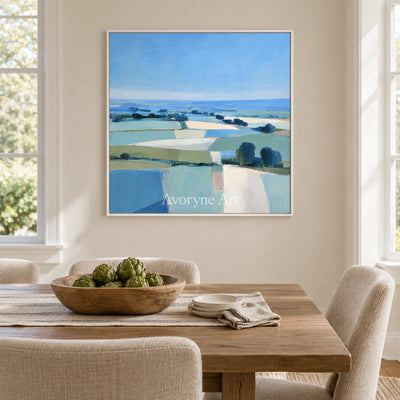 Field Notes: Impressionist Blue Landscape Wall Art — dining white