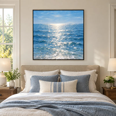 Silver Shimmer: Impressionist Blue Seascape Wall Art — bedroom black