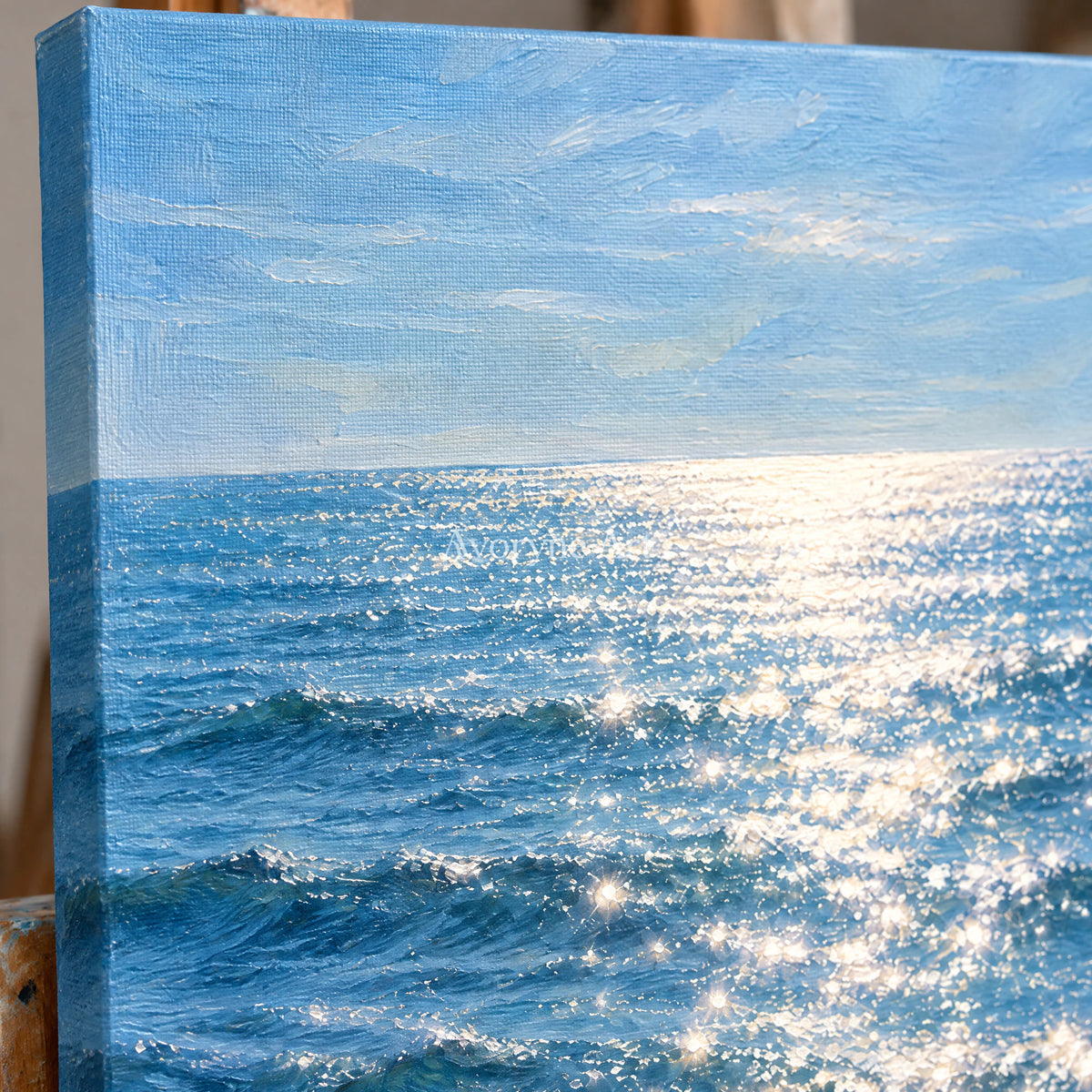 Silver Shimmer: Impressionist Blue Seascape Wall Art — detail easel