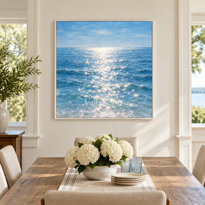 Silver Shimmer: Impressionist Blue Seascape Wall Art — dining white