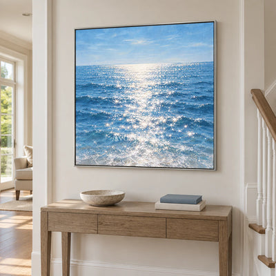 Silver Shimmer: Impressionist Blue Seascape Wall Art — entry silver