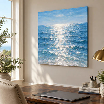 Silver Shimmer: Impressionist Blue Seascape Wall Art — office frameless