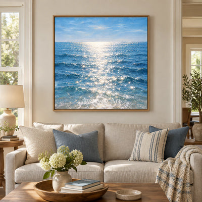 Silver Shimmer: Impressionist Blue Seascape Wall Art — villa wood