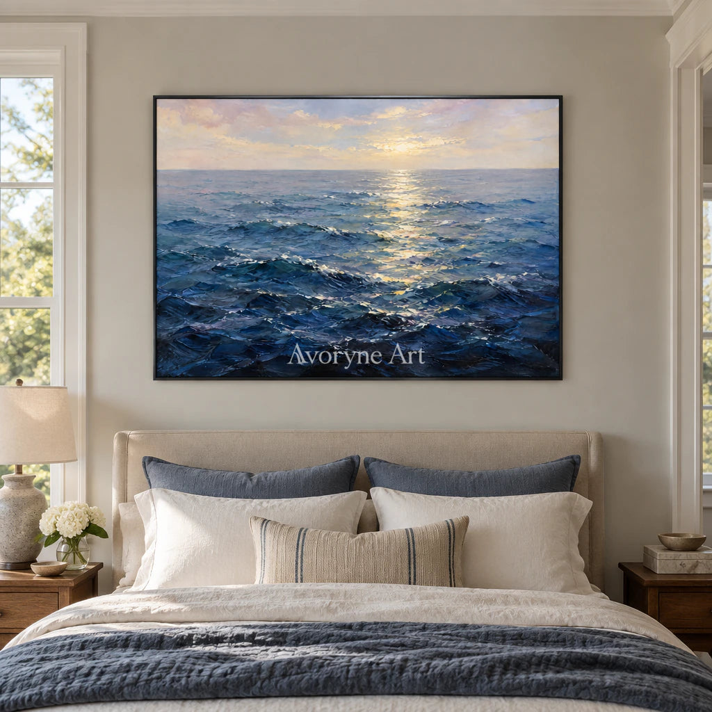 Ocean Gleam: Impressionist Blue Seascape Wall Art — bedroom black