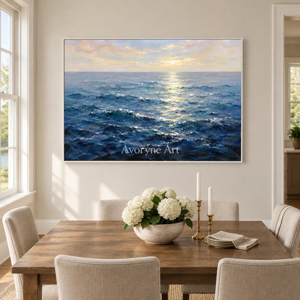 Ocean Gleam: Impressionist Blue Seascape Wall Art — dining white