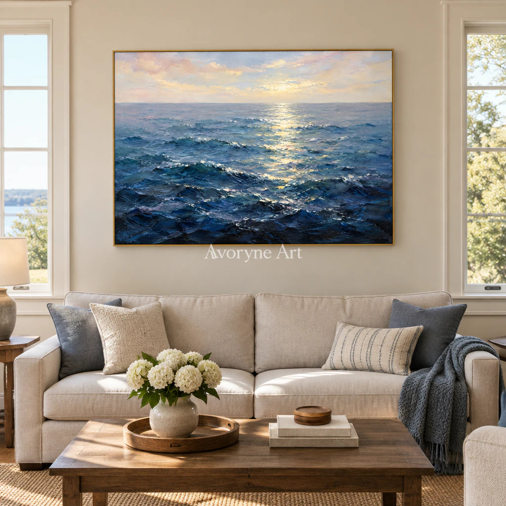 Ocean Gleam: Impressionist Blue Seascape Wall Art — living gold