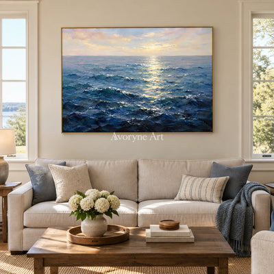 Ocean Gleam: Impressionist Blue Seascape Wall Art — living gold