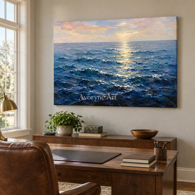 Ocean Gleam: Impressionist Blue Seascape Wall Art — office frameless