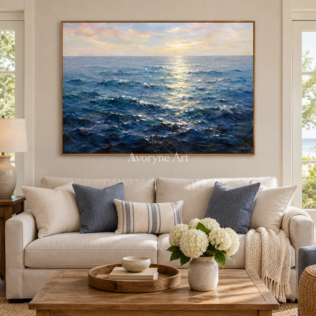 Ocean Gleam: Impressionist Blue Seascape Wall Art — villa wood