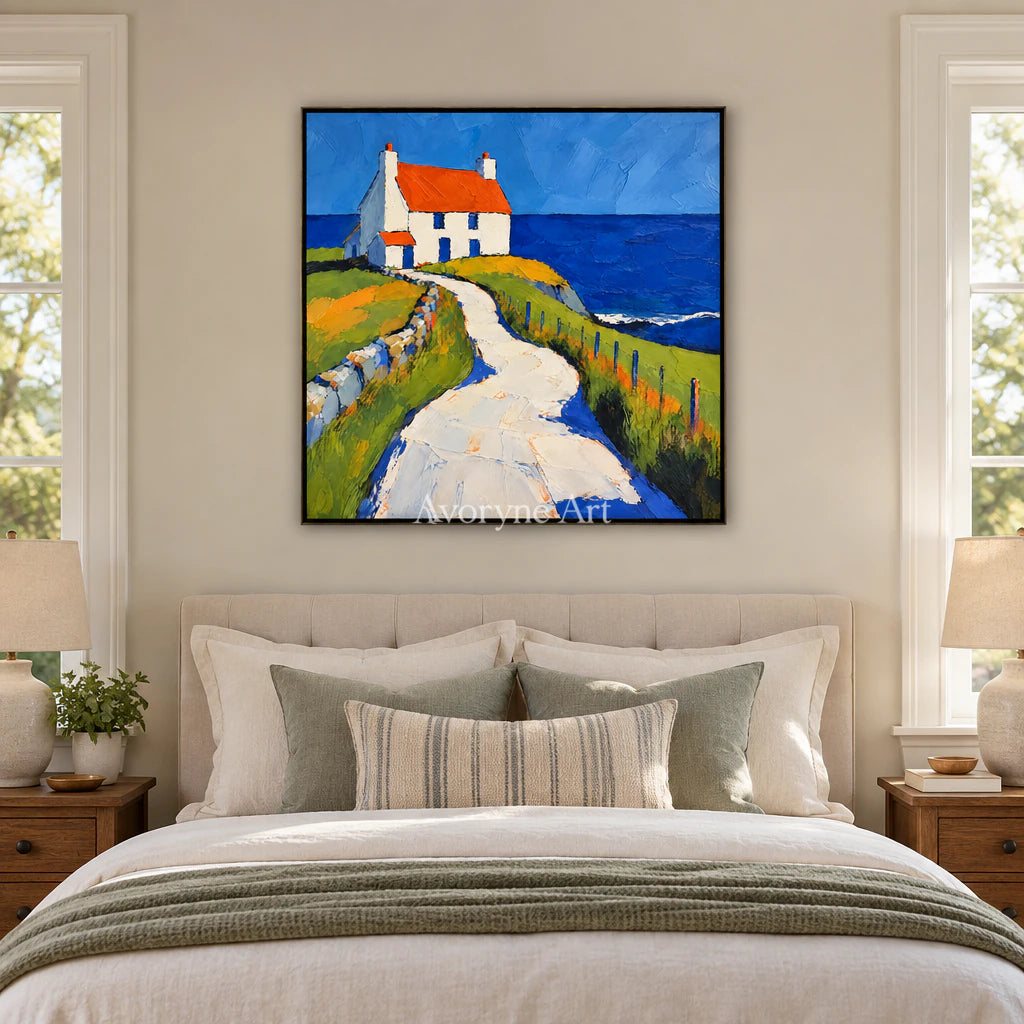 Coastal Cottage: Impressionist Blue Seaside Wall Art — bedroom black