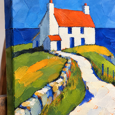 Coastal Cottage: Impressionist Blue Seaside Wall Art — detail easel