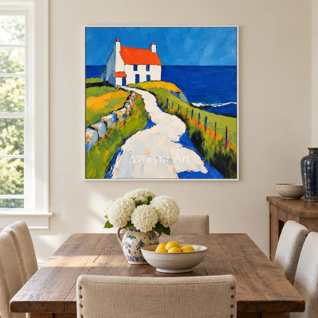 Coastal Cottage: Impressionist Blue Seaside Wall Art — dining white