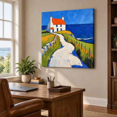 Coastal Cottage: Impressionist Blue Seaside Wall Art — office frameless