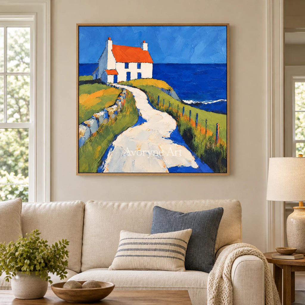 Coastal Cottage: Impressionist Blue Seaside Wall Art — villa wood