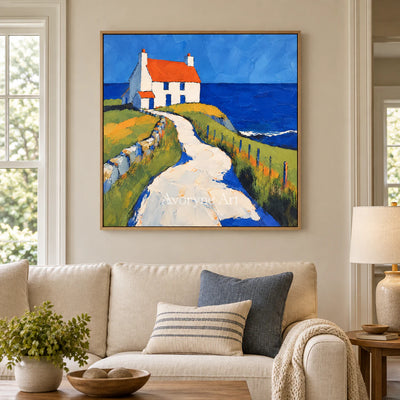 Coastal Cottage: Impressionist Blue Seaside Wall Art — villa wood