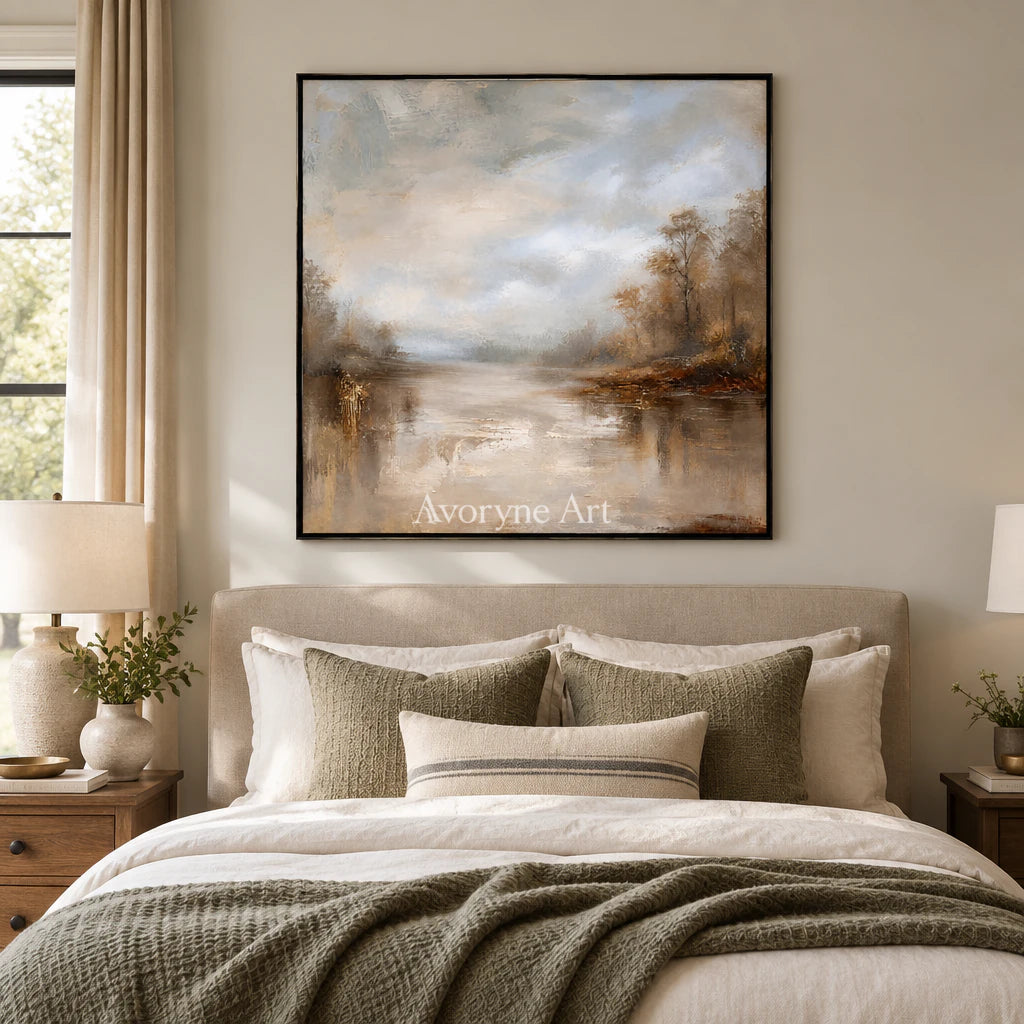 Autumn Veil: Impressionist Brown Misty Lake Wall Art — bedroom black