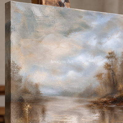 Autumn Veil: Impressionist Brown Misty Lake Wall Art — detail easel