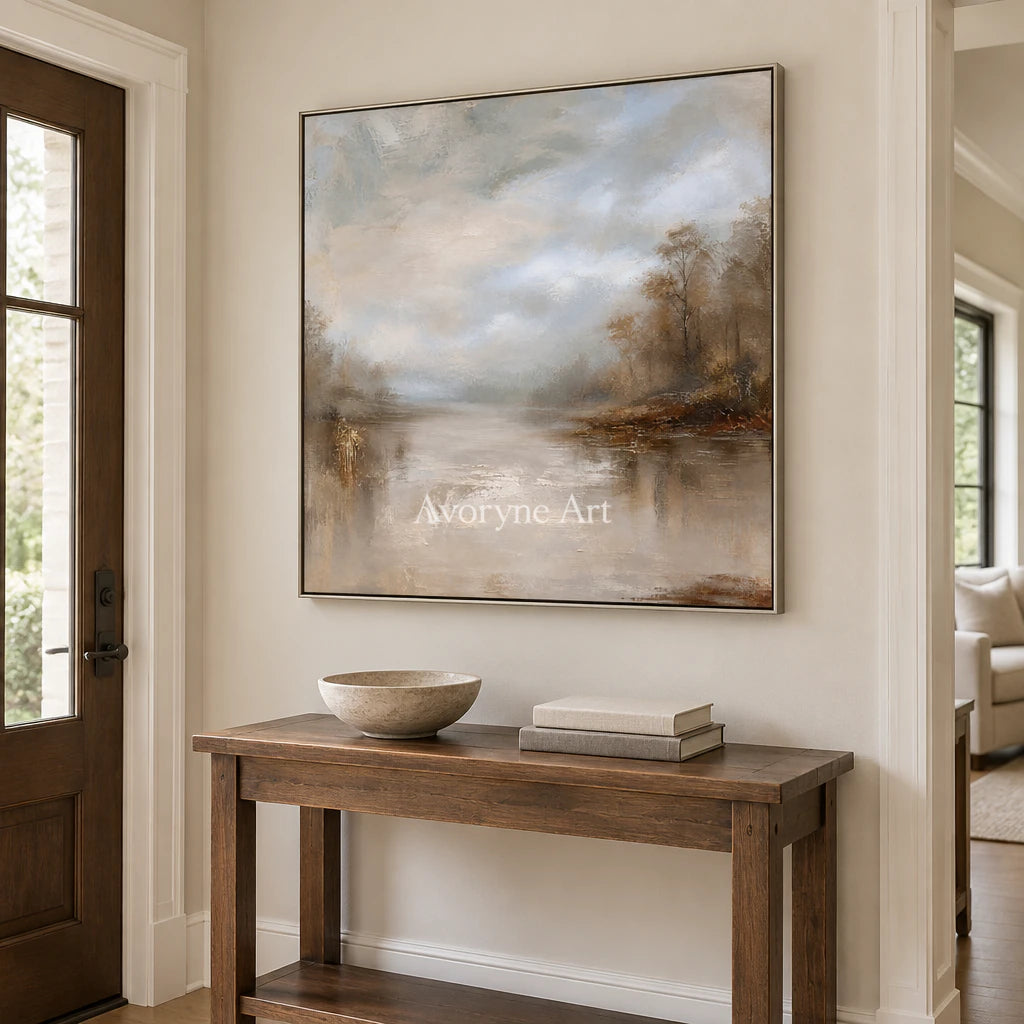 Autumn Veil: Impressionist Brown Misty Lake Wall Art — entry silver