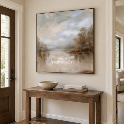 Autumn Veil: Impressionist Brown Misty Lake Wall Art — entry silver