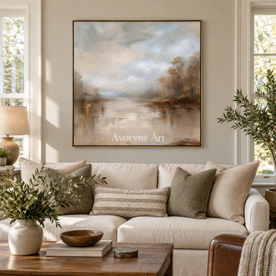 Autumn Veil: Impressionist Brown Misty Lake Wall Art — living gold