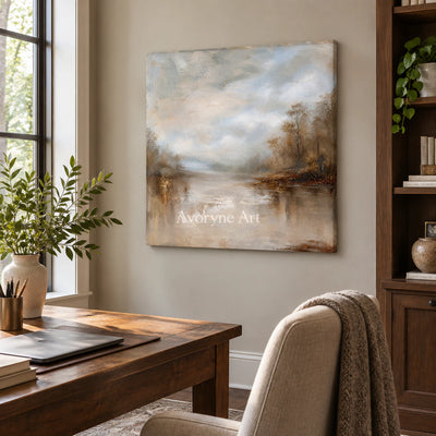 Autumn Veil: Impressionist Brown Misty Lake Wall Art — office frameless