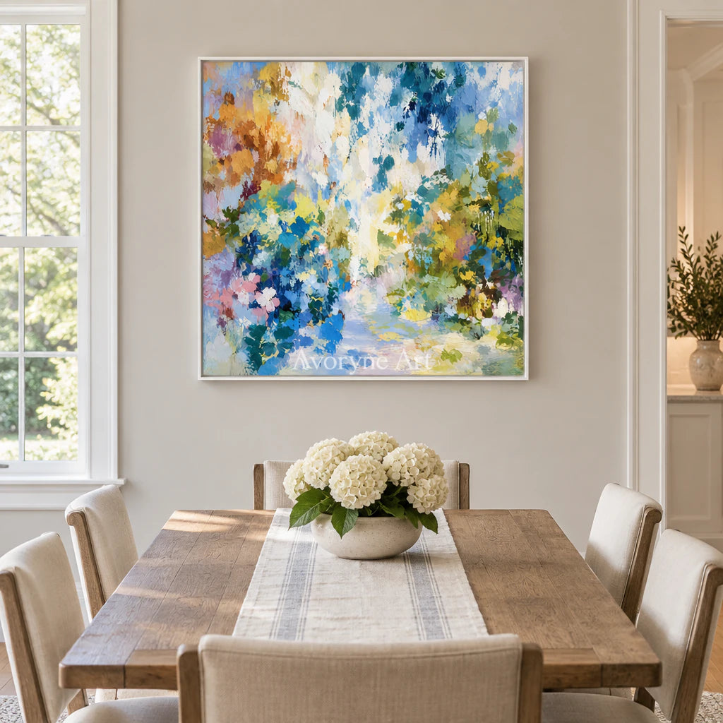 Garden Prism: Impressionist Floral Abstract Wall Art — dining white