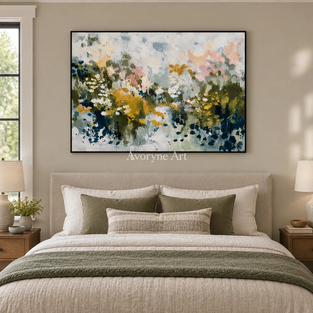 Petal Meadow: Impressionist Floral Panorama Wall Art — bedroom black