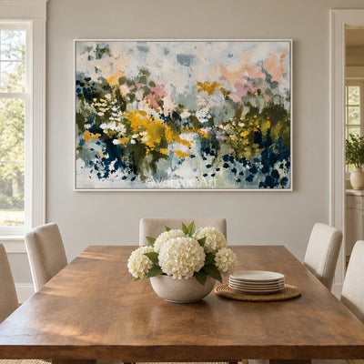 Petal Meadow: Impressionist Floral Panorama Wall Art — dining white