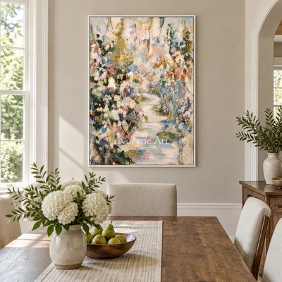 Blossom Passage: Impressionist Garden Path Wall Art — dining white