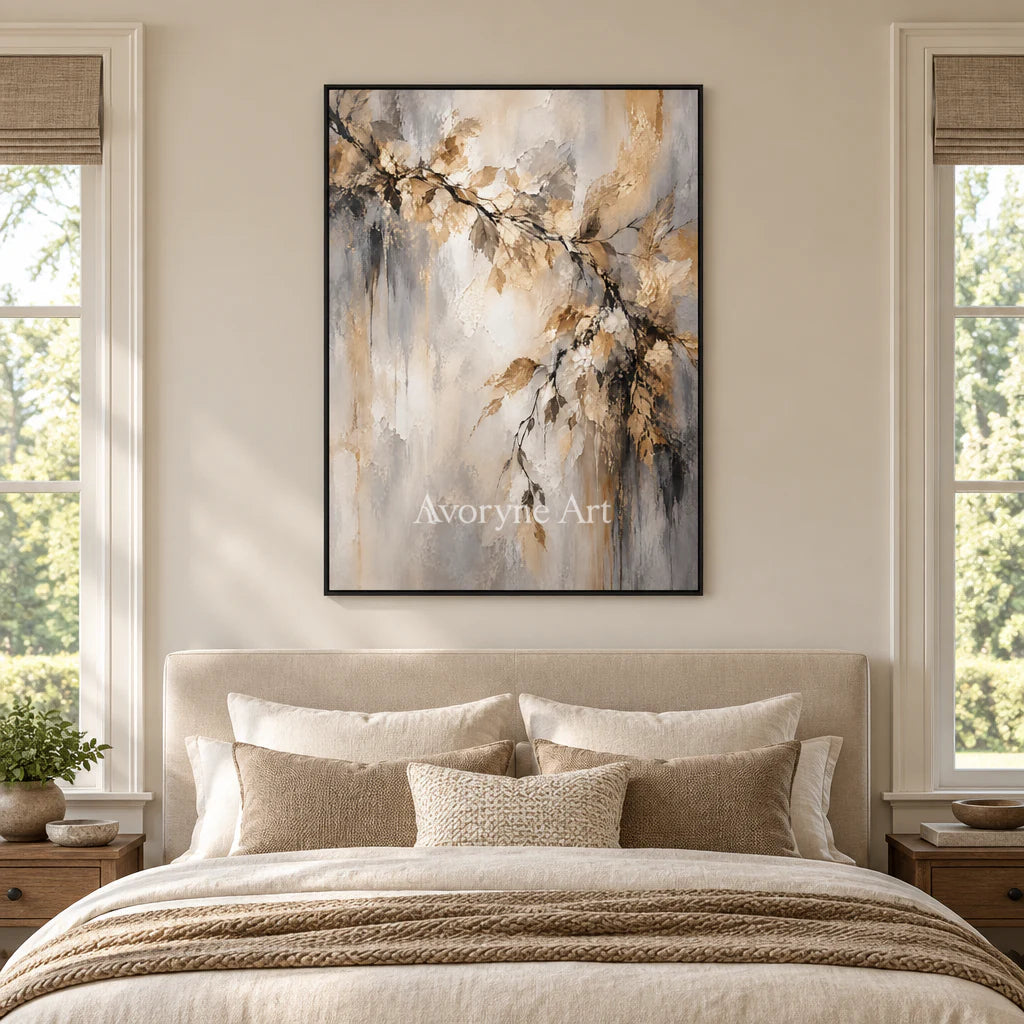 Gilded Bough: Impressionist Gold Botanical Wall Art — bedroom black