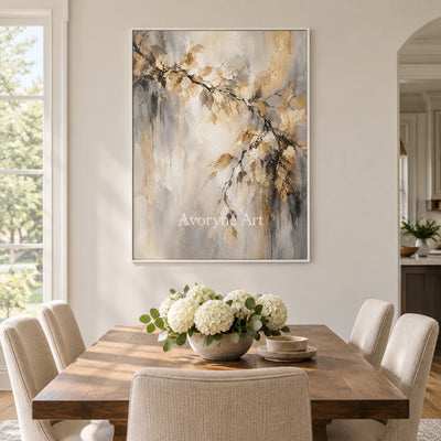 Gilded Bough: Impressionist Gold Botanical Wall Art — dining white