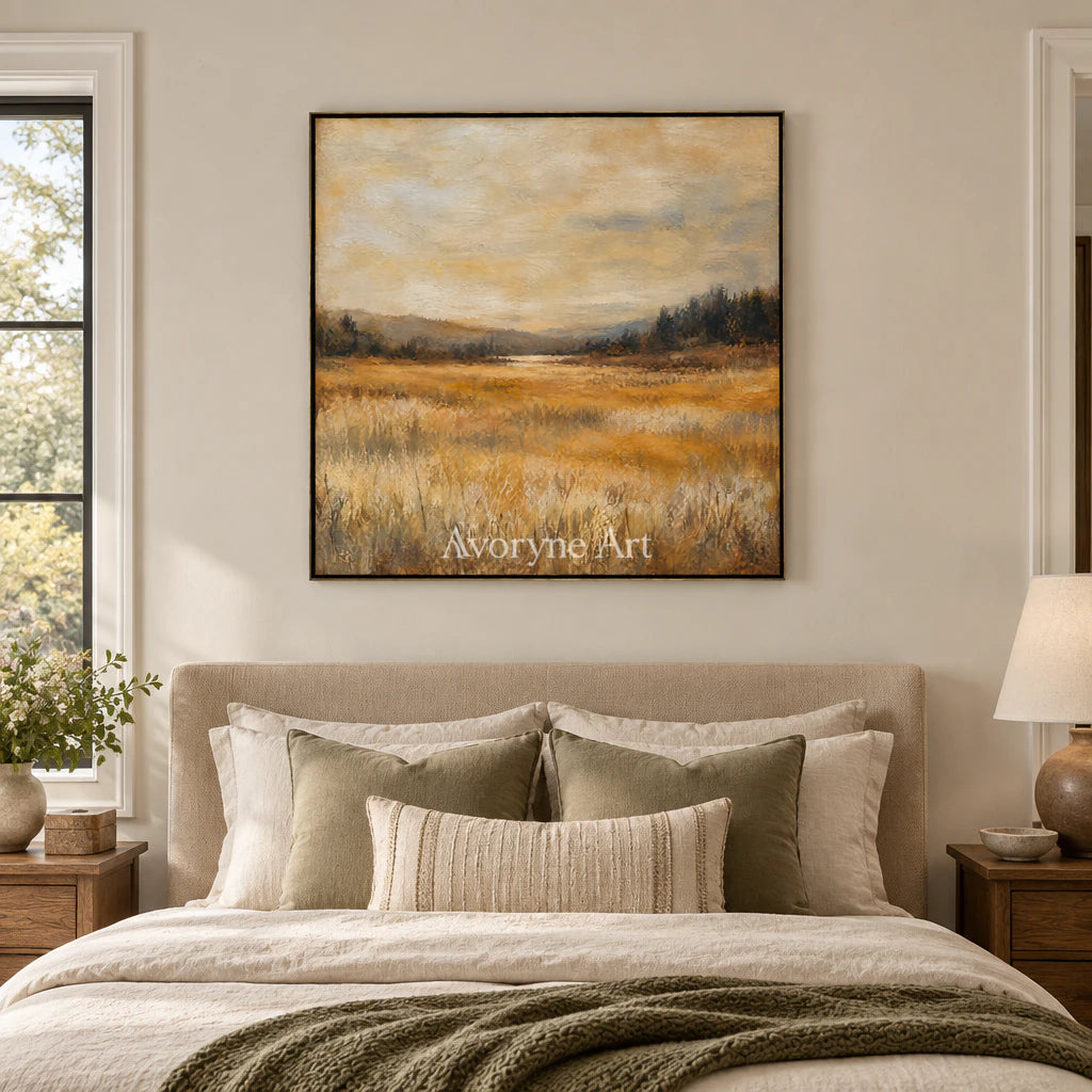 Golden Acre: Impressionist Gold Meadow Wall Art — bedroom black