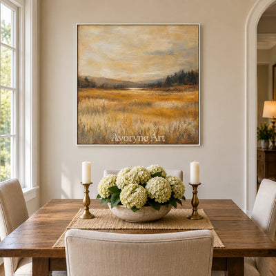 Golden Acre: Impressionist Gold Meadow Wall Art — dining white