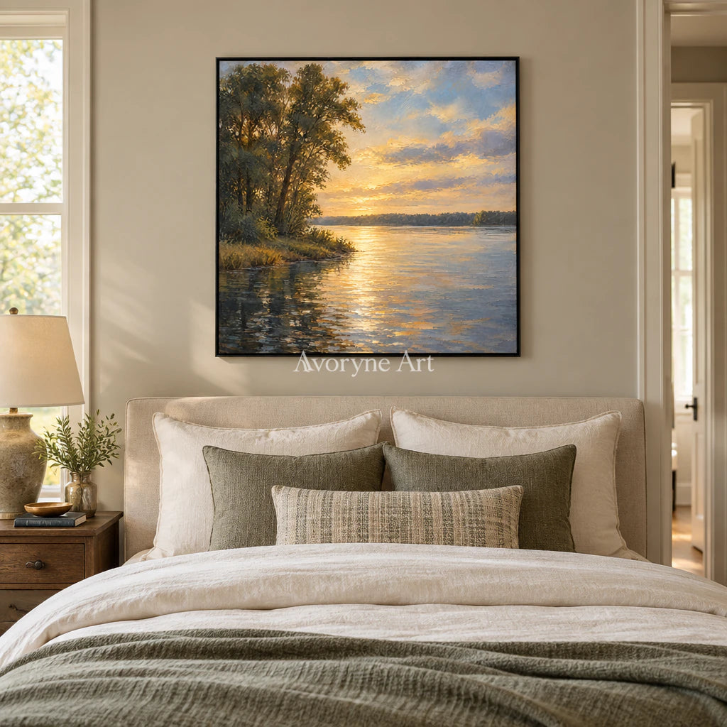 Dusk Canopy: Impressionist Golden Lake Wall Art — bedroom black