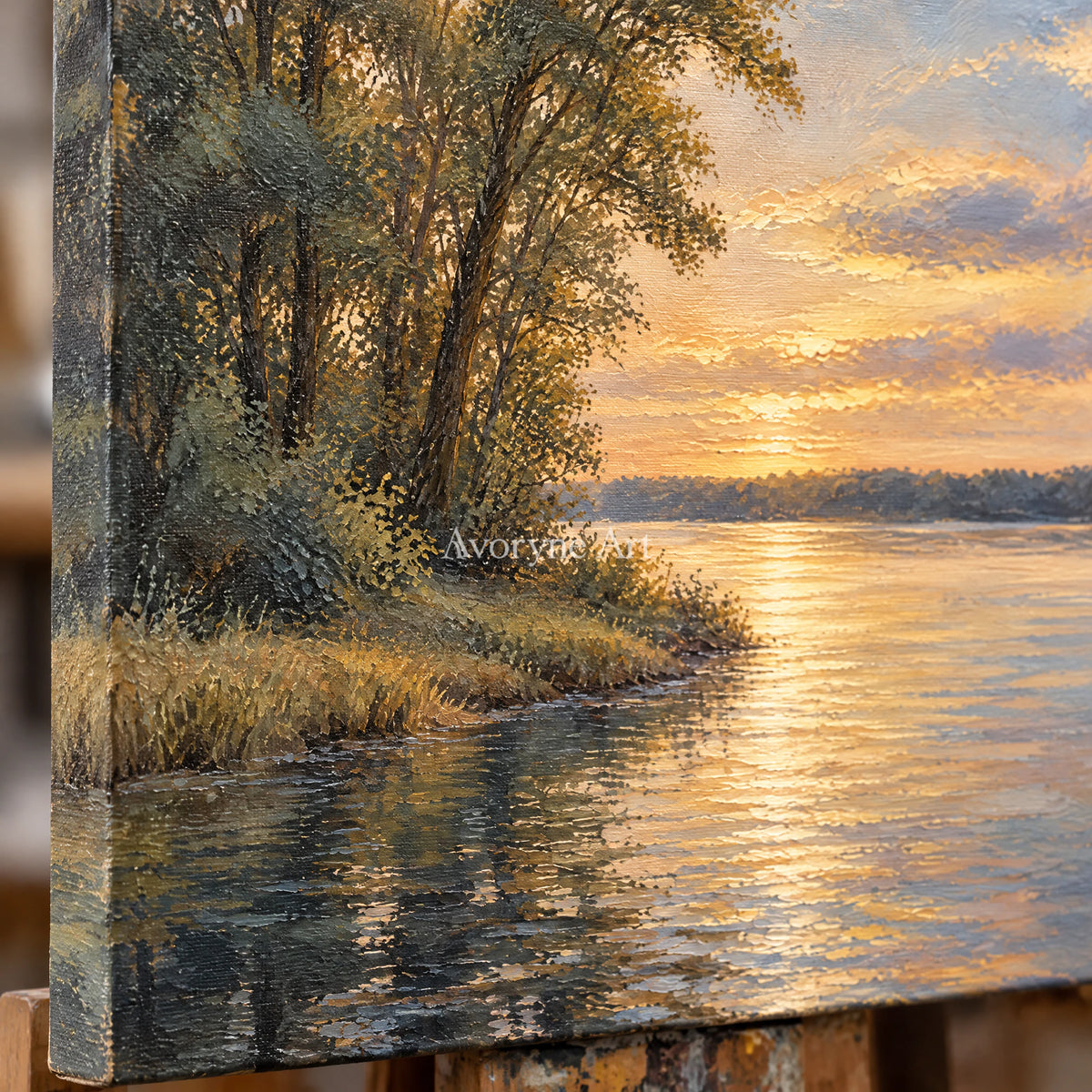 Dusk Canopy: Impressionist Golden Lake Wall Art — detail easel